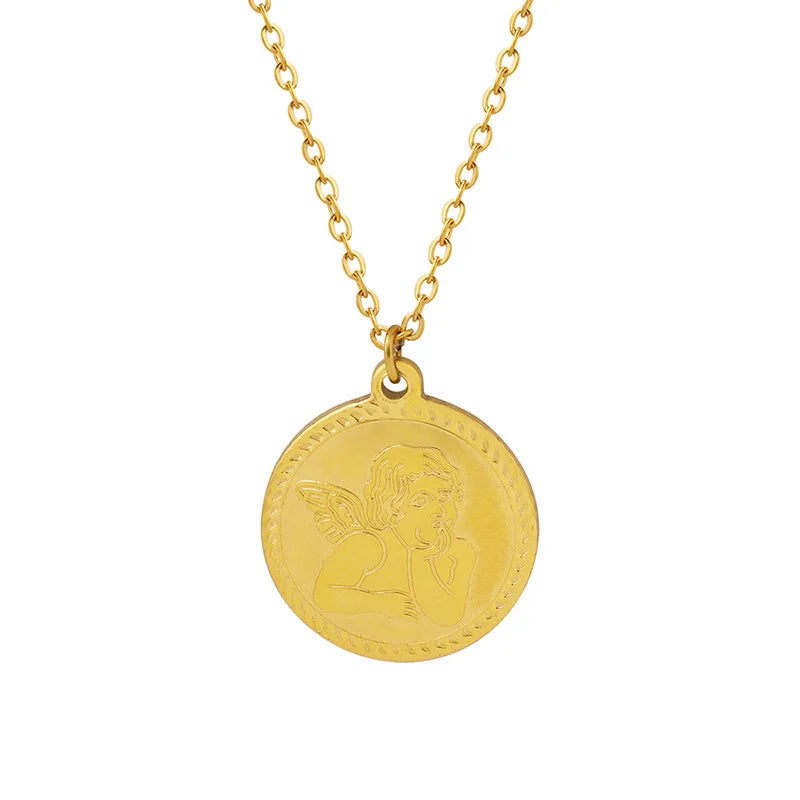 Western Cupid Angel Frosted Round Corroded Portrait Medium Long Chain Pendant Gold Plated StainlessSteel  Sweater Chain Necklace