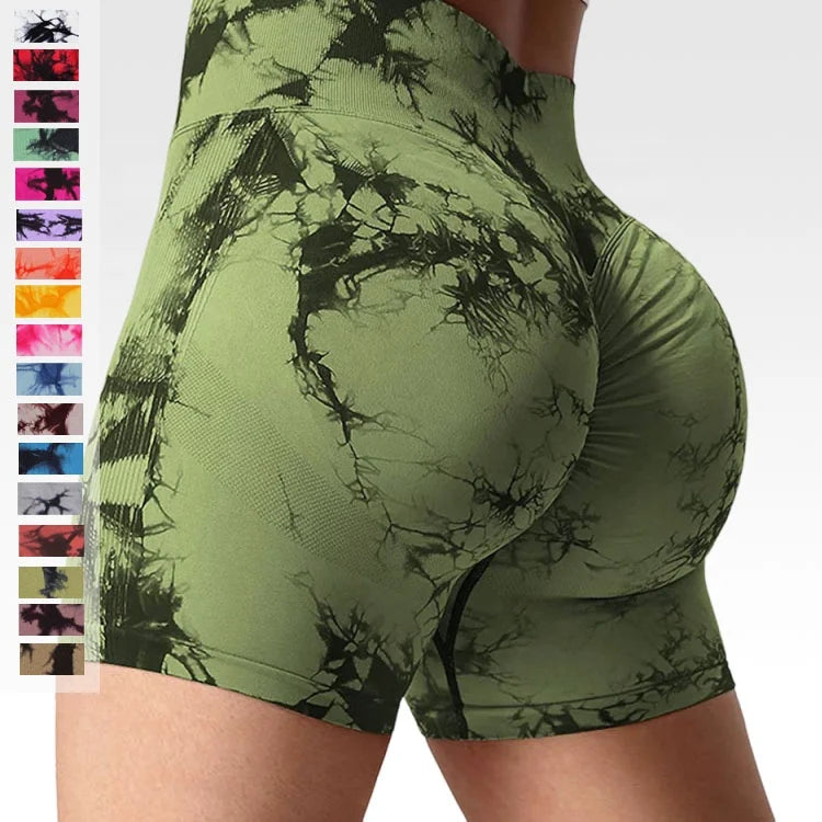 Wholesale Seamless Summer Booty Tie Dye Scrunch Sports Shorts for Women Elastic High Waist Push up Yoga Gym Fitness Biker Shorts