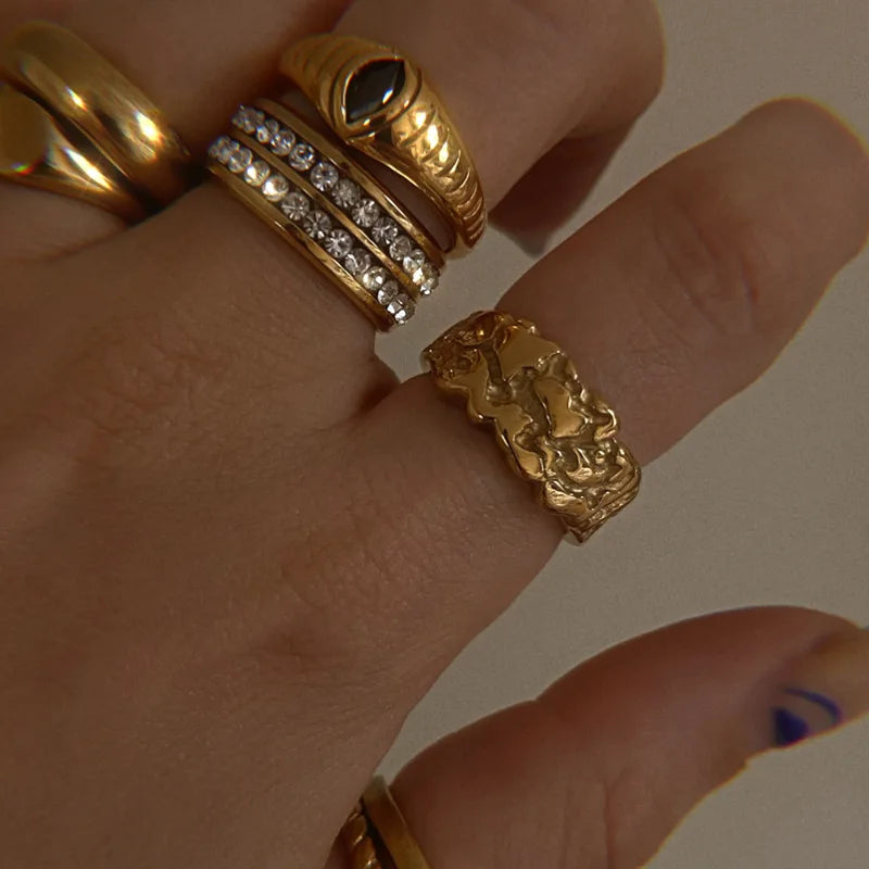 Women's Trendy 18k Gold Plated Rugged Stainless Steel Gemstone Rings Non-Tarnish & Waterproof Jewelry