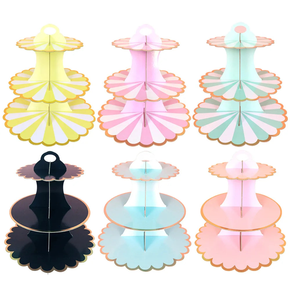 Wholesale Colorful 3 Tier Wedding Round Cupcake Cardboard Stand Disposable Food Display Tray Cake Paper Stand