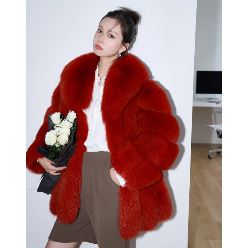 New Arrive Luxurious Design Long Style Fur Jacket Warm Fur Parka Overcoats Red Fox Fur Coat for Women
