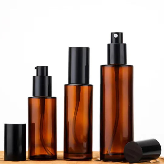 Unique Custom Cosmetic Glass Pump Bottle Amber Color Lotion Spray Glass Bottle with Pump