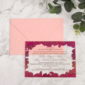 Elegant Chic Rose Red and Gold Foil Clear Acrylic Wedding Quinceanera Invitation Set with Pink Envelopes Music & Cross Style