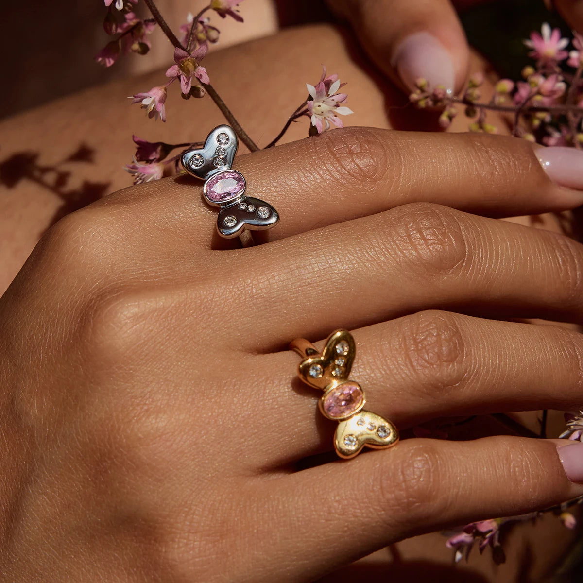 J&D Valentine's Day Gift Sweet Romantic 18K Gold Stainless Steel Zircon Rhinestone butterfly Open Rings