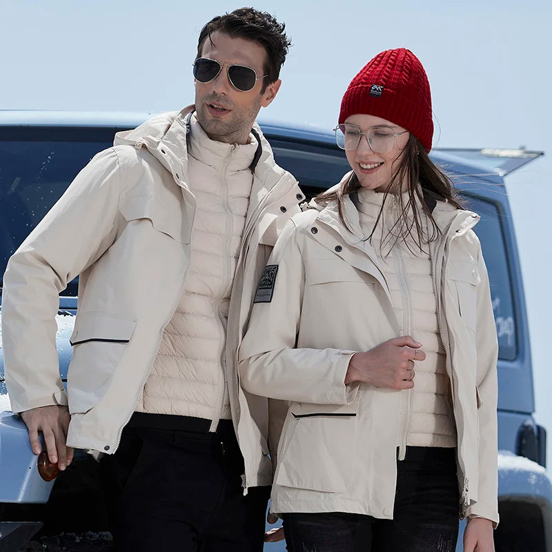 Custom Outdoor Waterproof Windproof Jacket Stand Collar Couple Three-in-One Detachable Plus Liner Winter Unisex Travel Clothing