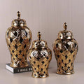 Set of 3 Gold Ceramic Small Ginger Jars Art Deco Wedding Tabletop Vase Luxury Home Decor Porcelain with Lid