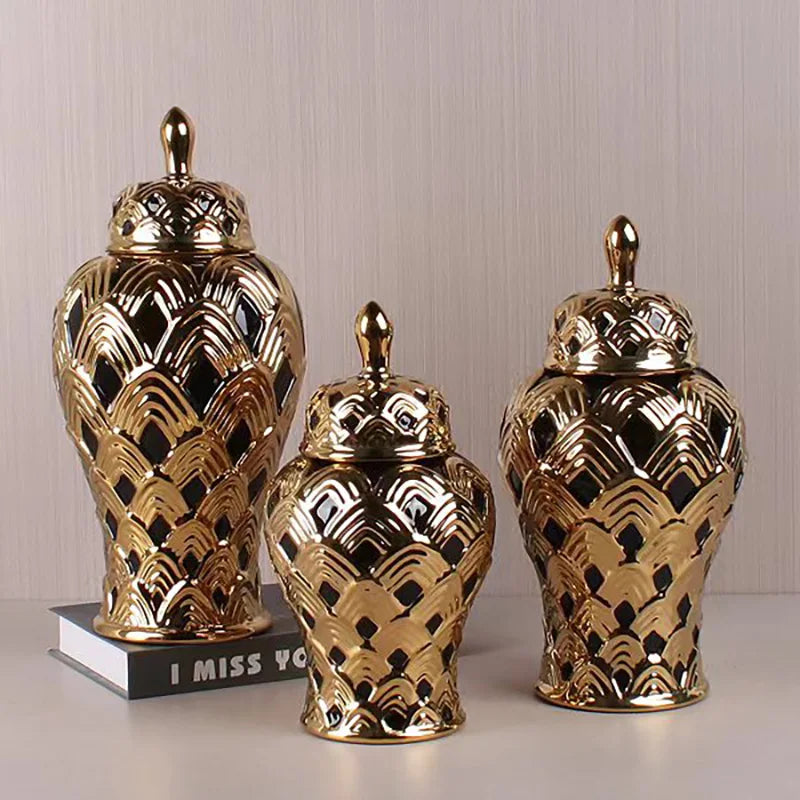 Set of 3 Gold Ceramic Small Ginger Jars Art Deco Wedding Tabletop Vase Luxury Home Decor Porcelain with Lid