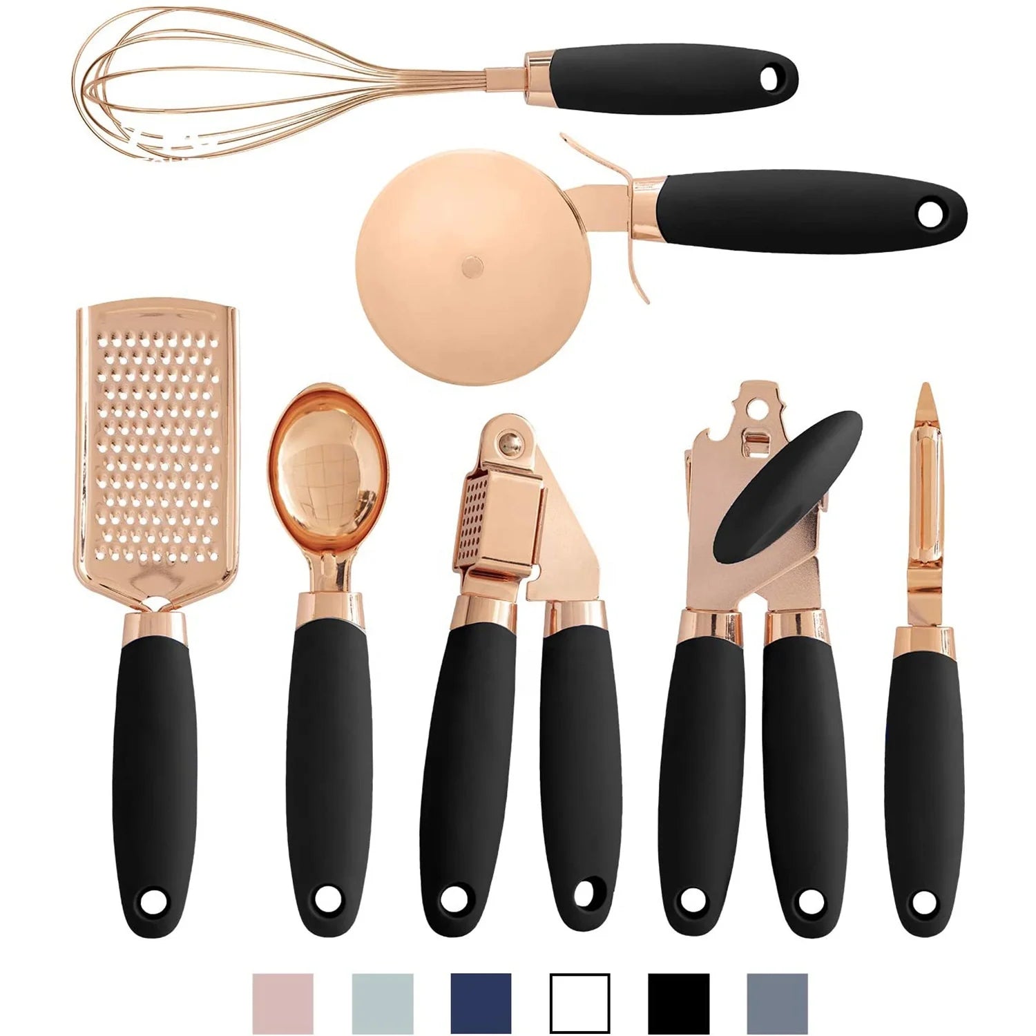 7 Pieces Rose Gold Kitchen Tools Set Garlic Press Egg Whisk Ice Cream Spoon Can Opener Pizza Paring Knife Kitchen Tools Set