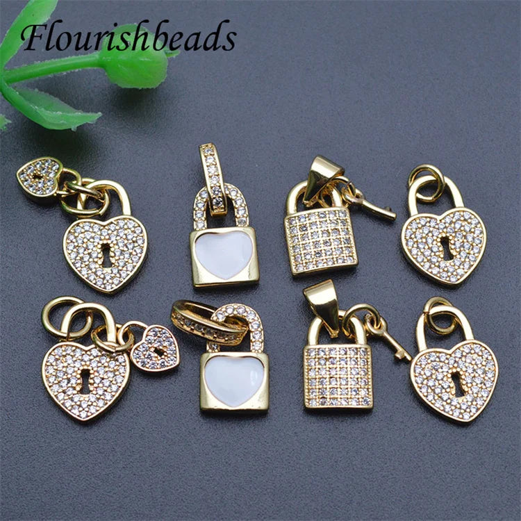Diy Jewelry Gold Plated CZ Pave Small Padlock Lock Key Charm