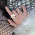 Gold Plated White Camellia Open Index Flower Elegant Adjustable Ring for Women Pearl Jewelry