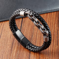 Black Genuine Leather Bangle Handmade Men Bracelet Woven Double Layers 316L Stainless Steel Jewelry With Magnetic Buckle