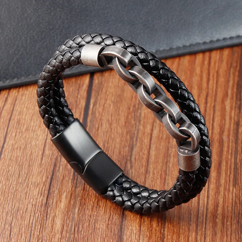 Black Genuine Leather Bangle Handmade Men Bracelet Woven Double Layers 316L Stainless Steel Jewelry With Magnetic Buckle