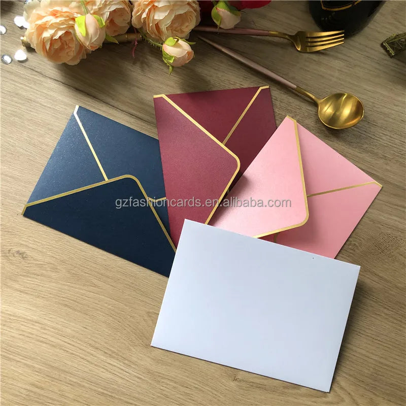 Cheap Wholesale Colorful Wedding Envelope with Gold V Flap Foil Border Pearl Paper Envelope for Packing