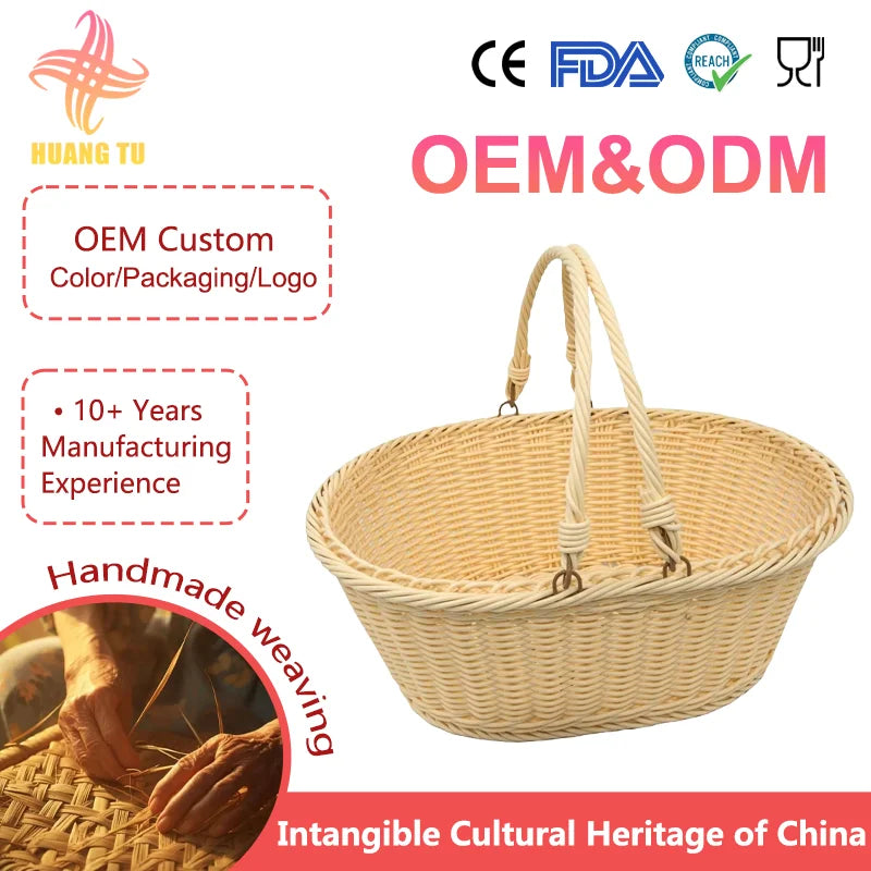 New Arrivals Cute Style Eco-Friendly Handmade Oval PP Plastic Multifunction Picnic Gift Storage Baskets Handle Shopping Kitchen
