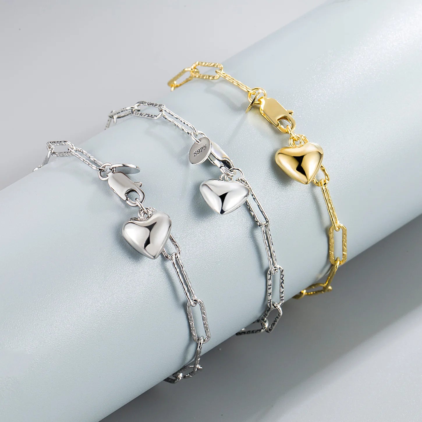Fine Puffy Heart Charms Pendant Bracelet 925 Silver Paper Clip Link Chain Bracelet for Women Gift Jewelry