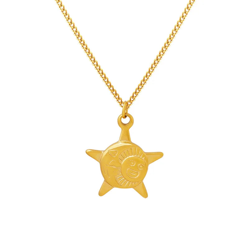 New Ins Five-Pointed Star Sun Relief Pendant Necklace Stainless Steel 18K PVD Plated Jewelry  for Woman  Tarnish Free