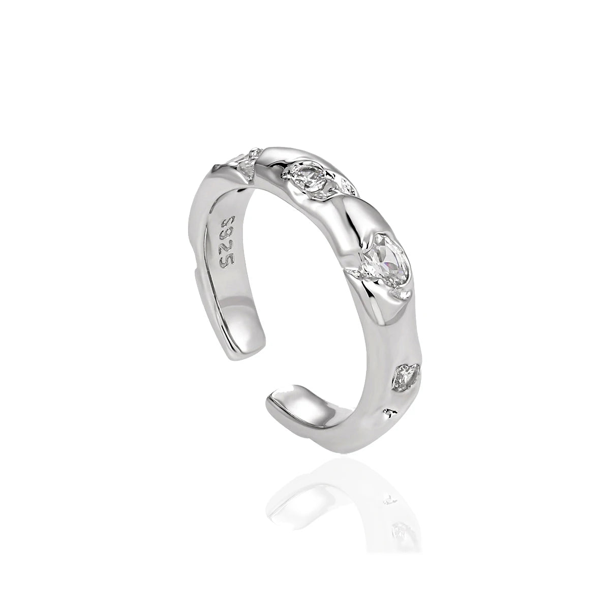 Luxury Texture S925 Sterling Silver Cubic Zirconia Rings Irregular Surface Glossy Open Adjustable Finger Fine Jewelry