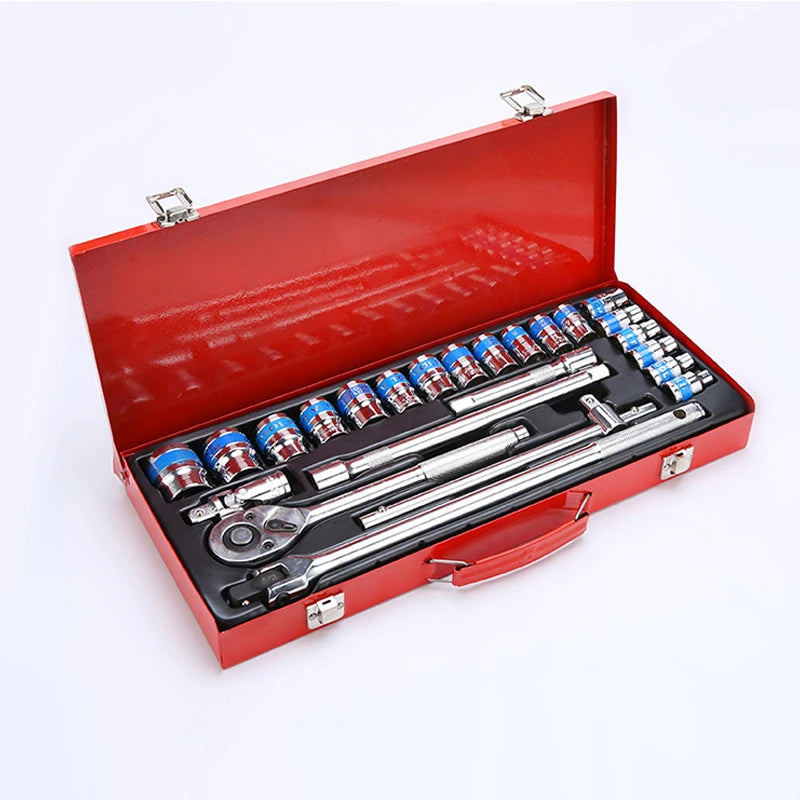 24 Pcs 1/2 Inch Metal Mechanic Tool Box Set Metal Auto Car Repair Socket Set