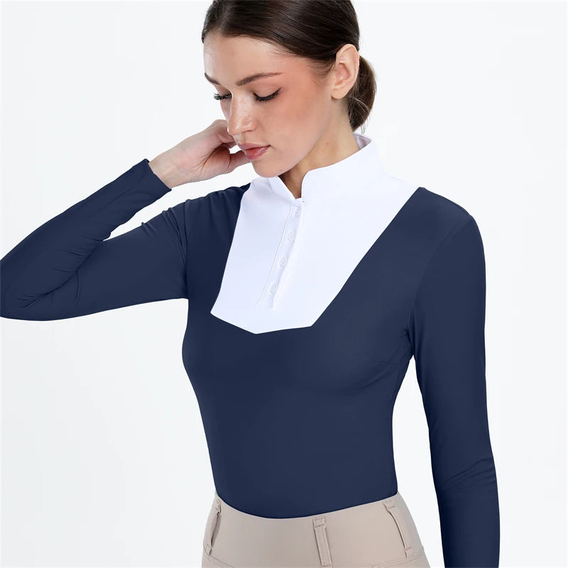 Wholesale Equestrian Long Sleeves Shirt Women Breathable Horse Riding Show Shirt Four Way Stretch Equestrian Base Layer Clothing