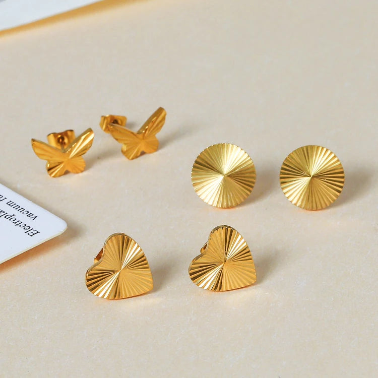 MC307 Wholesale Stainless Steel Stud 18K Gold Plated Butterfly Heart Round Sunburst Sparkling Fashion Stud Earrings for Women