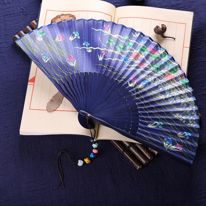 Chinese Folding Fan with Painted Bamboo and Flower Design Portable for Holiday/Wedding Decor & Gifts