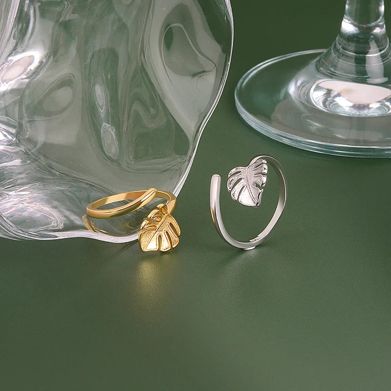 S925 Stamp Ivy Leaf Open Ring 18k Real Gold Plated Leaves Ring for Girls Open Rings Adjustable