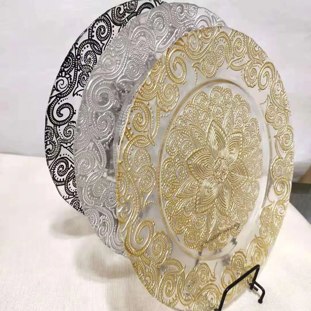 Lead-Free Food-Safe Luxury Lace Charger Glass Plate Dish 33cm Handpainted Novelty Leaf Clear Gold Black Colors Sustainable Party