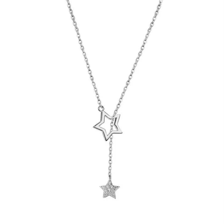 G195 Titanium Steel Hollow Five-Pointed Star Clavicle Chain Tassel Pendant Women Necklace