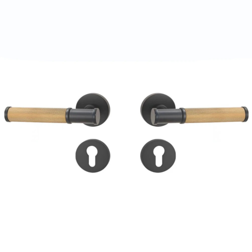 Modern Luxury Double Open Solid Brass Knurled Rosette Lever Door Handle with Gold Matt Black Finish for Hotel Use