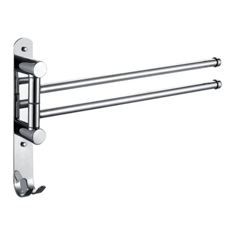 Multi-functional Bathroom Accessories Wall Mounted Durable Stainless Rotatable Double Rods Towel Rack With Hook