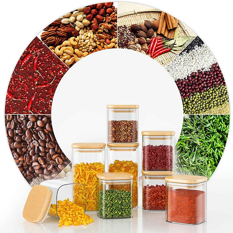Stackable Square Design Glass Storage Jars  Airtight Food Containers with Wooden Bamboo Lids