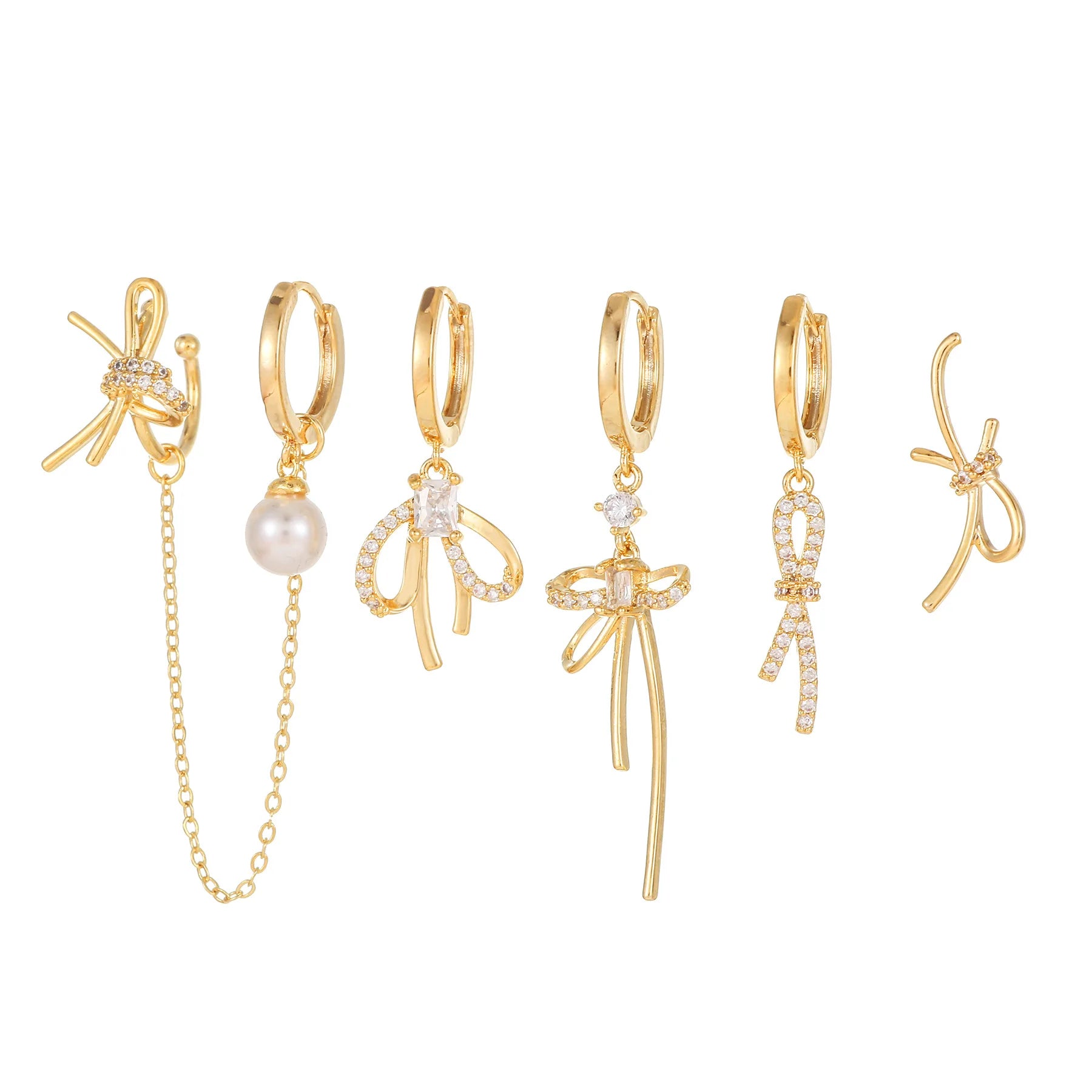 New Light Luxury Niche Bow Drop Earrings Set 18K Gold Plated Eco-friendly Brass Fashion Jewelry Ethos Zircon Six-Piece Women