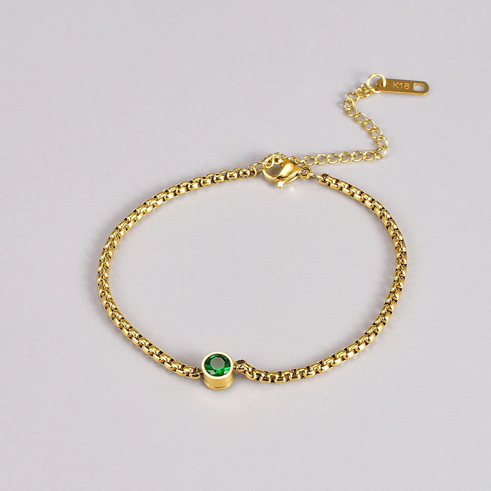 Women 2025 Simple Fashion Jewelry 18K Gold Plated Stainless Steel Green Cubic Zirconia Bracelet