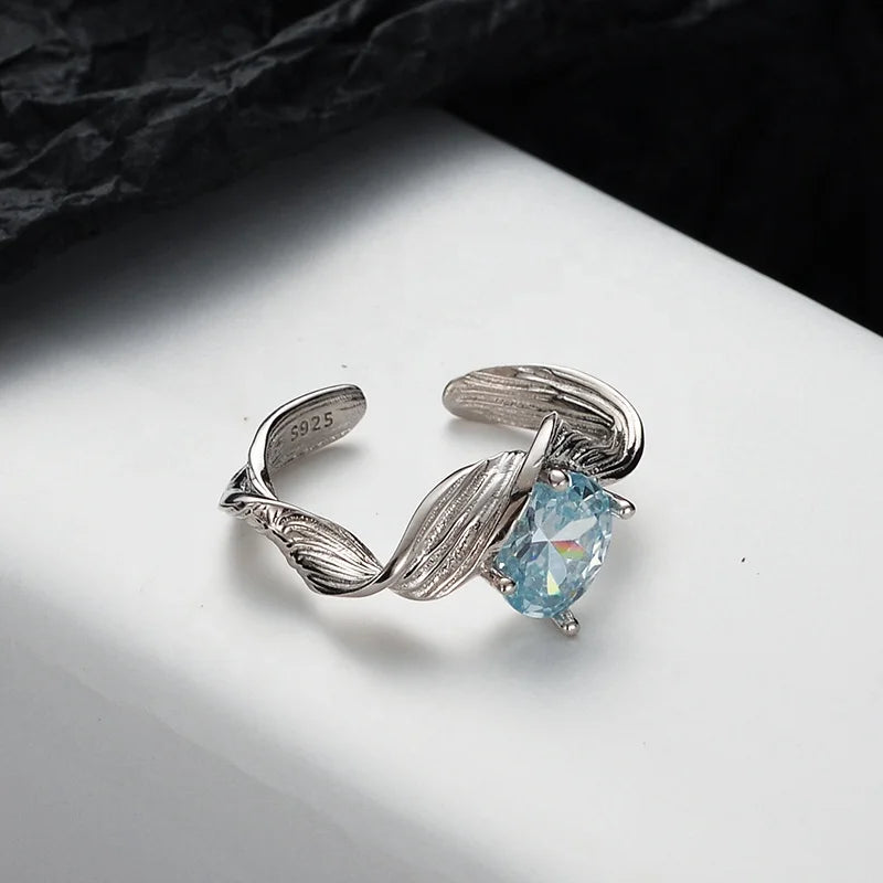 ICEBELA Factory Minimalist Korean 925 Sterling Silver Dainty Texture Oval Cut Aquamarine Blue Zircon Female Ring Designer