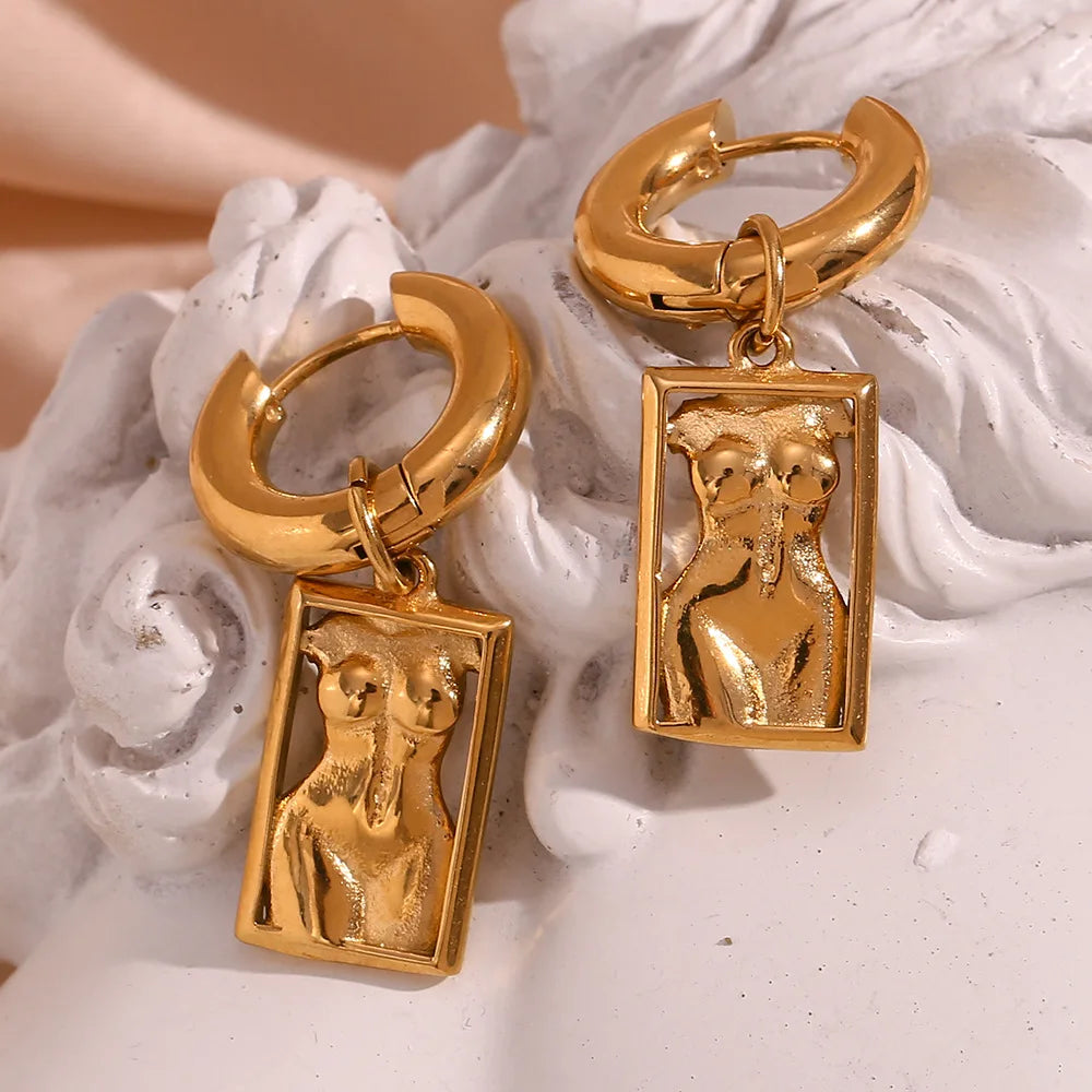 18K Gold Plated Stainless Steel Art Body Fashion Niche New Rectangular Pendant Drop Earrings for Women Unique Design Jewelry