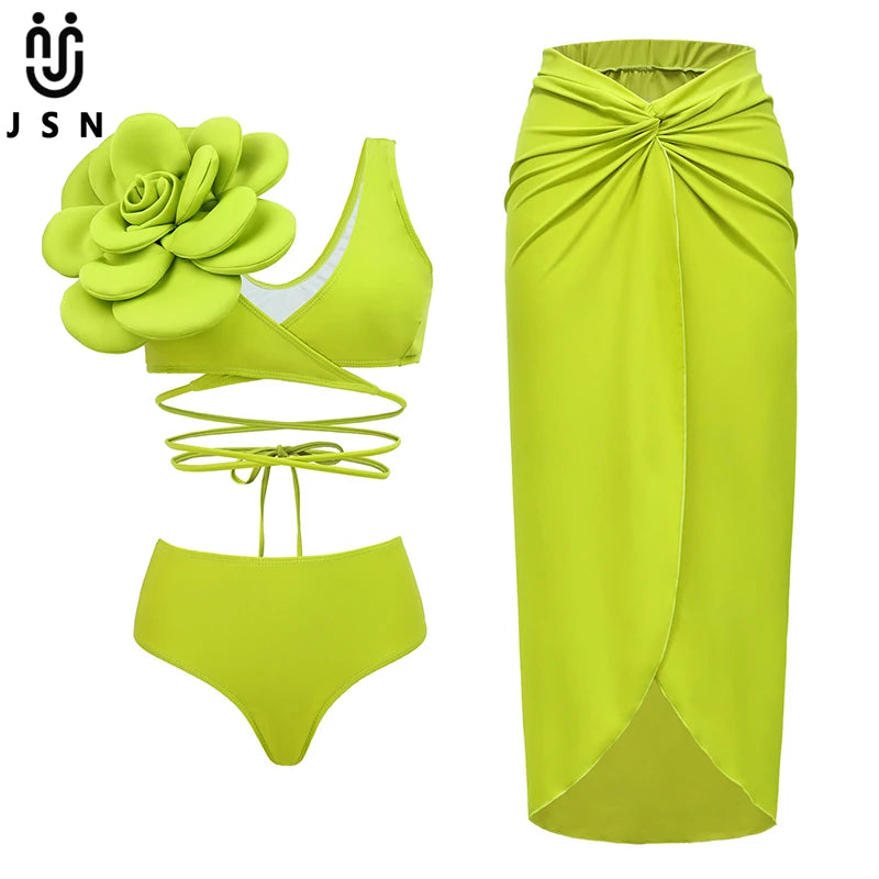 JSN 2025 Fashion Swimwear 3D Beads Flowers  Women Beachwear Solid Bathing Suits Cut Out Women's One Piece Bikini with Swimdress