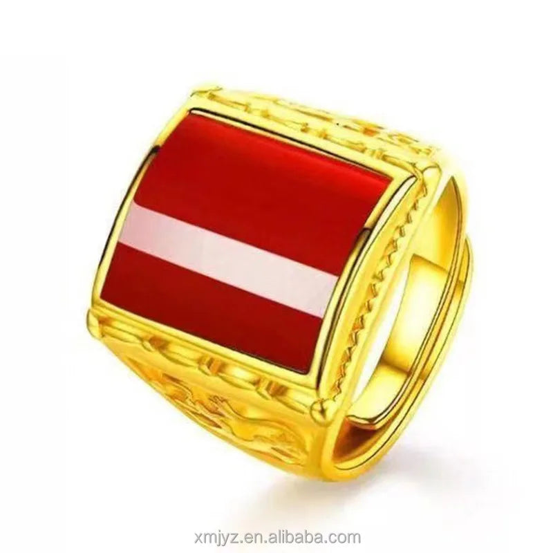 Brass Gold-Plated Open Ring Sand Gold Inlaid Chalcedony Gem Hair Wealth and Luck Adjustable Men's Ring Wholesale