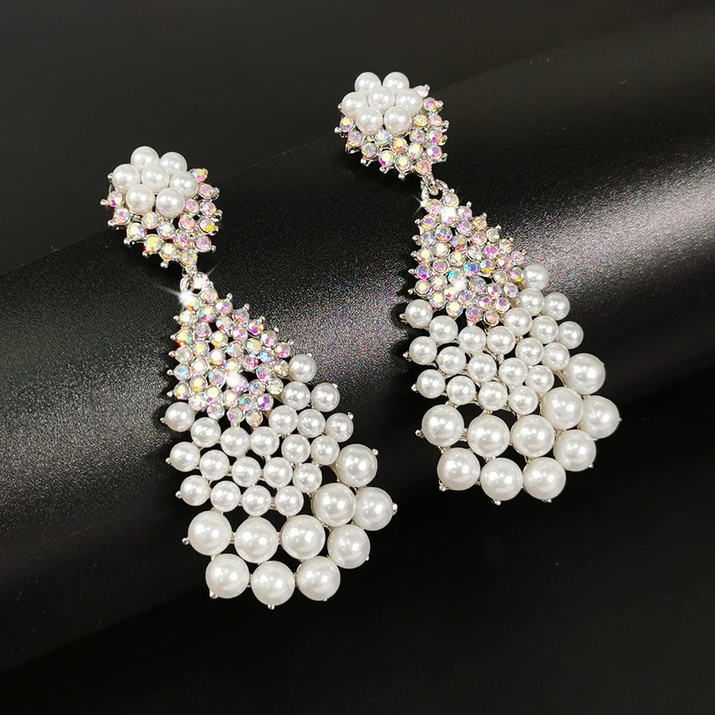 European Hotsale Colorful Baroque Crystal Rhinestone Dangle Earrings Multilayer Pearl Waterdrop Drop Earrings for Bride