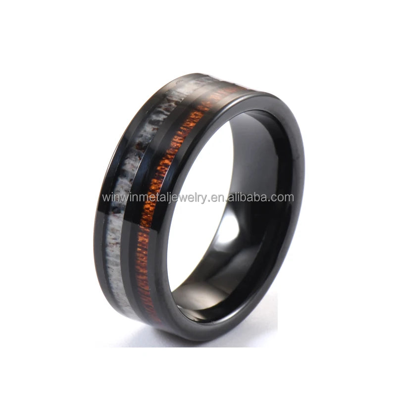 8mm Black Flat Tungsten Carbide Wedding Band with Koa Wood Antler Inlay Mens Womens Engagement Party Jewelry Ring Plated Craft