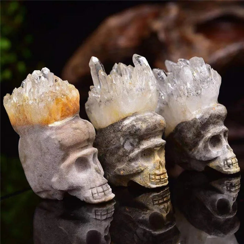 Wholesale Natural White Crystal Cluster the Skull Ornaments Hand-polished Raw Stone Polished and Carved Office Desk Decorations