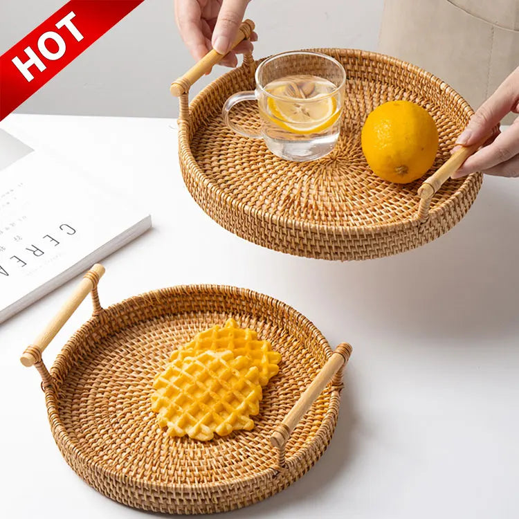 Direct Supplier Lift Handle Kitchen Bread Fruit Hand Storage Round Serving Woven Rattan Tray Basket Round for Food