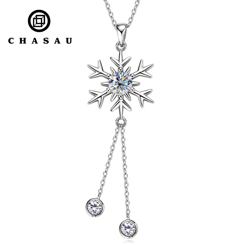 2024 Unique Christmas Gift 925 Sterling Silver D Color 6.5mm & 4mm Moissanite Snowflake Tassel Pendant Necklace for Women