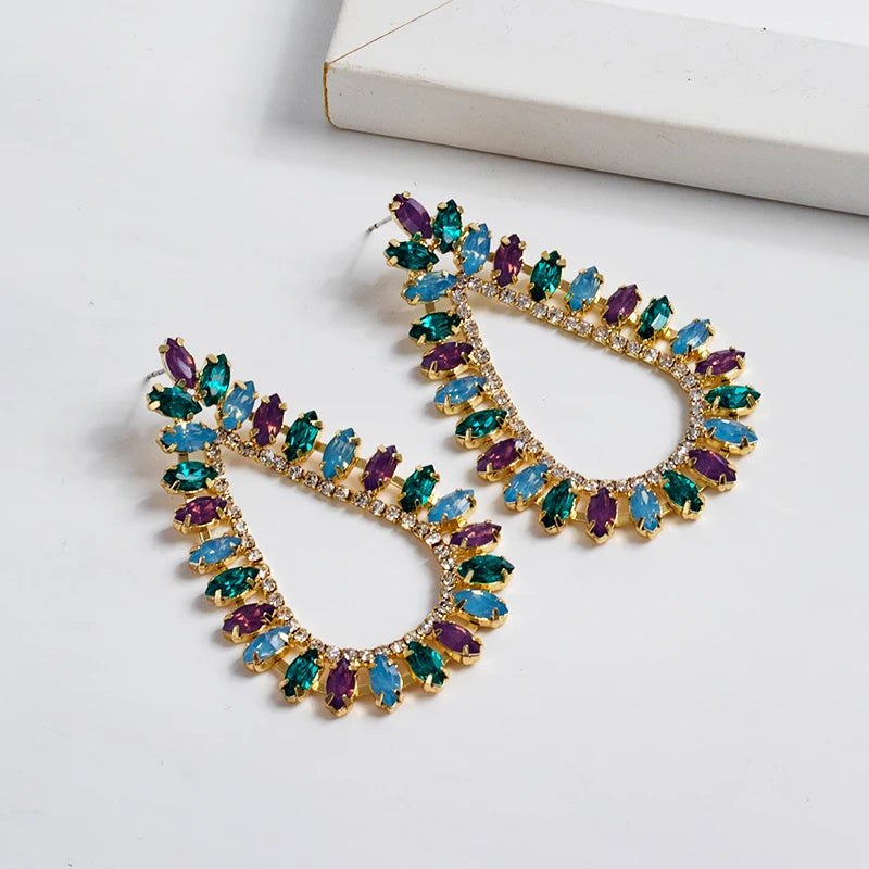 New Arrivals Crystal Rhinestone Fashion Jewelry Earrings Colorful Glass Hollow Water Drop Large Earrings for Women