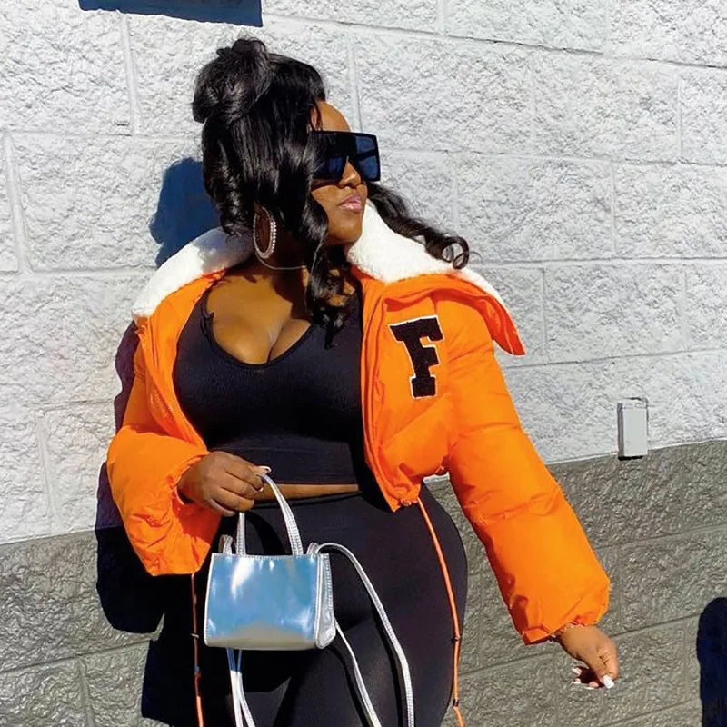2022 Winter Fashionable Letters Bubble Cropped Long Sleeve Fleece Women Jackets and Coats