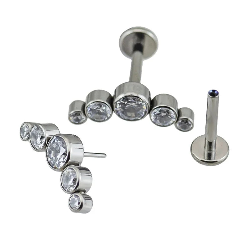 ASTM F136 G23 Titanium Threadless Push in Labret With Cubic Zircon on Top Lip Flat Back Piercing Studs Wholesale Body Piercing