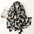 Butterflies Style Black Scarf with White Prints Lady's Spring Summer Headscarf for Head Cover Accessory