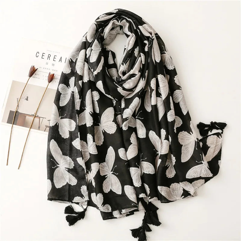 Butterflies Style Black Scarf with White Prints Lady's Spring Summer Headscarf for Head Cover Accessory