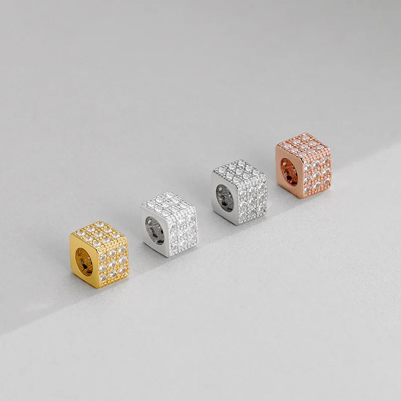 Fashion S925 Sterling Sliver Cubic Zircon Square Spacer Beads Gold Plated Square Loose Beads for Jewelry Making Accessories