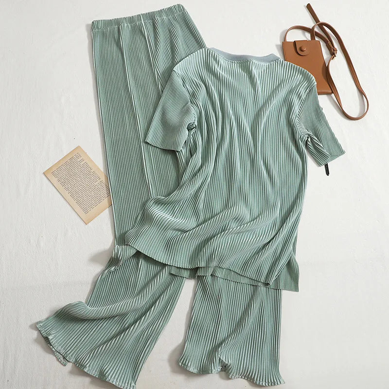 Boutique Wholesale 2026 Autumn New Fashionable Temperament Round Neck T-shirt High Waist Slit Wide Leg Pants Women's Set