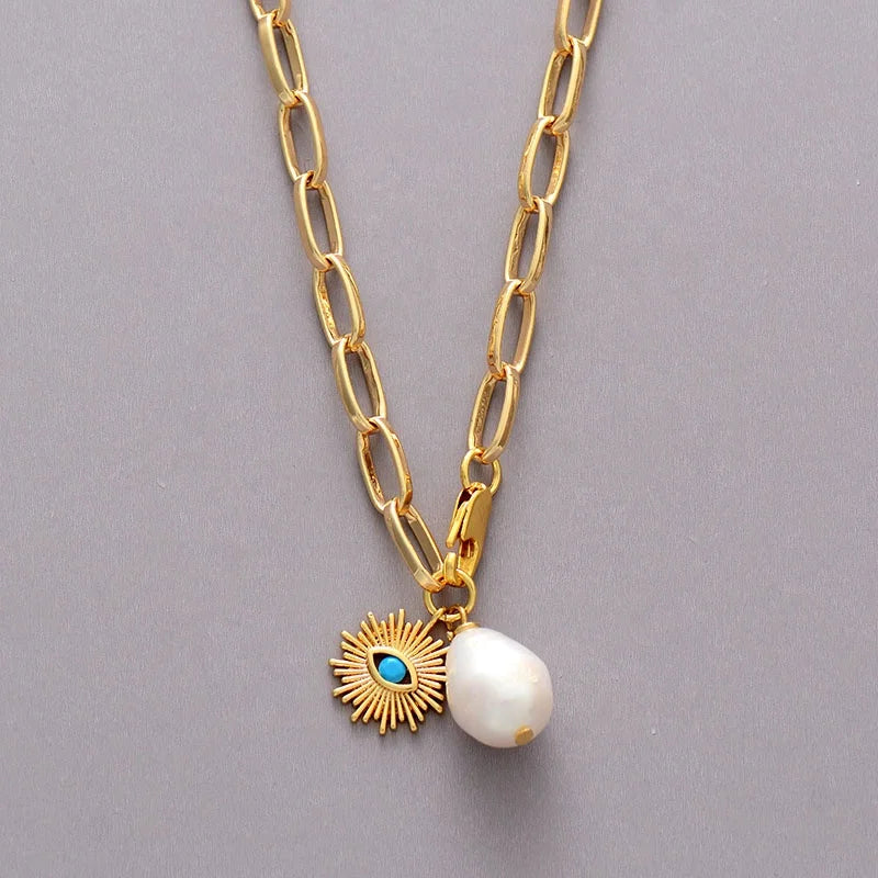 Gold Plated Brass Flower Chunky Link Chain Imitation Pearl Torques Necklace Wedding Party Jewelry